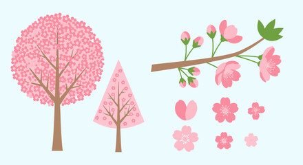Stylized Cherry Blossom Trees Blooming Sakura Flowers Delicate Buds and Floral Elements Ideal for Spring Graphic Design © Nana