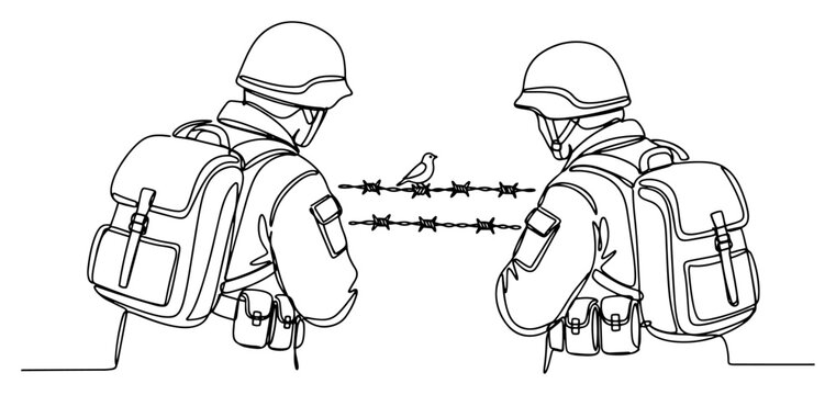 two soldiers looking at a small bird on barbed wire representing hope