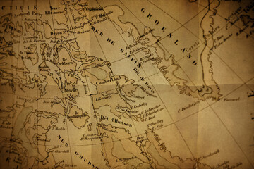 North America, Greenland, and the Arctic french old map. Featuring Baffin Bay, Hudson Strait, and early explorations. Vintage relic style with aged paper texture.
