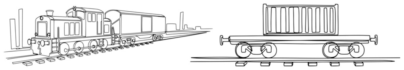 Freight train locomotive and cargo wagon with shipping container in continuous line drawing © Alicja