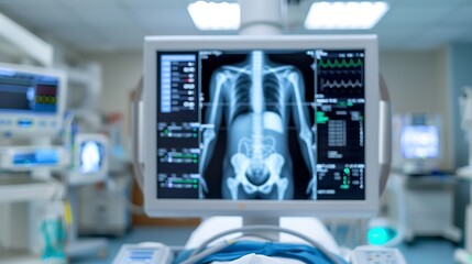 Medical monitor displaying full body X ray scan in hospital environment, representing diagnostic imaging, radiology technology, and modern patient care.