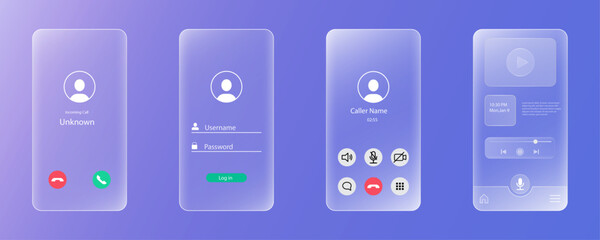 Comprehensive collection of frosted glass mobile app UI elements, featuring incoming call, login, active call, and media player screens, on a vibrant backdrop. © Nurex-Vectors