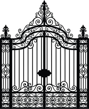 Black Wrought Iron Gate with Ornate Design on White Background