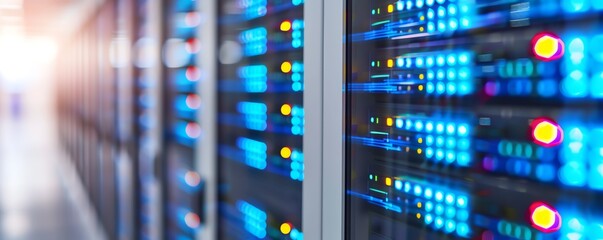 Row of illuminated server racks in modern data center, representing cloud computing, data storage, cybersecurity, and high technology infrastructure.
