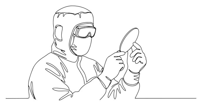 Continuous one line drawing of a lab technician in protective gear holding a silicon wafer