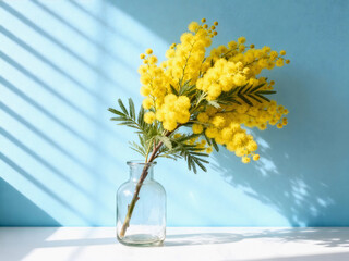 Yellow Mimosa Branch in Vase on Blue Background