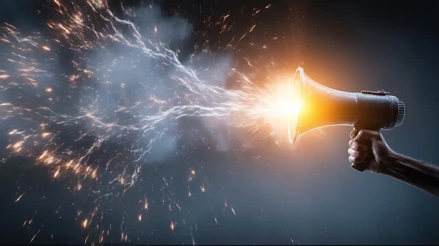 Hand holding megaphone emitting powerful lightning energy