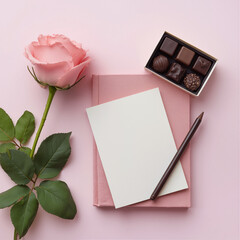 Fototapeta premium Romantic flat lay composition with a fresh pink rose, a pink notebook with a blank card, and a small box of gourmet chocolate pralines on a soft pink background. Saint Valentine's Day concept.