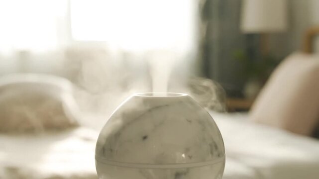 Close-up of a white marble humidifier on a bedside table in a blurred, bright bedroom with soft focus and warm lighting.