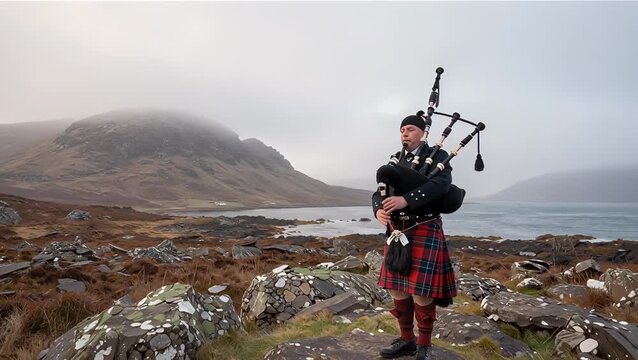 Male Drummer in Kilt Playing Bagpipes by the Scottish Coastline
