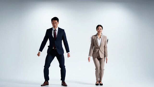 Two formally dressed people mid-air, limbs outstretched on white backdrop