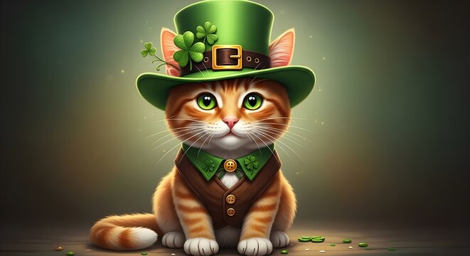 St patrick's day cat in green hat and shamrock accessories