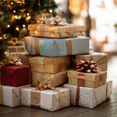 Stack of Festive Gift Boxes with Warm Holiday Lights and Bokeh Background &ndash; Generative AI