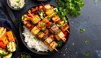 Delicious Grilled Tofu Skewers with Rice and Vegetables, Top View