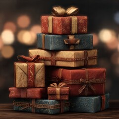 Stack of Festive Gift Boxes with Warm Holiday Lights and Bokeh Background &ndash; Generative AI