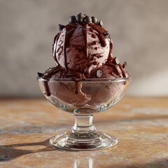Rich Chocolate Ice Cream Scoop Dessert in Glass Bowl with Toppings &ndash; Generative AI