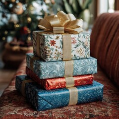 Stack of Festive Gift Boxes with Warm Holiday Lights and Bokeh Background &ndash; Generative AI
