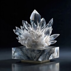 Transparent Crystal Quartz Cluster Mineral Specimen on Dark Background &ndash; Generative AI