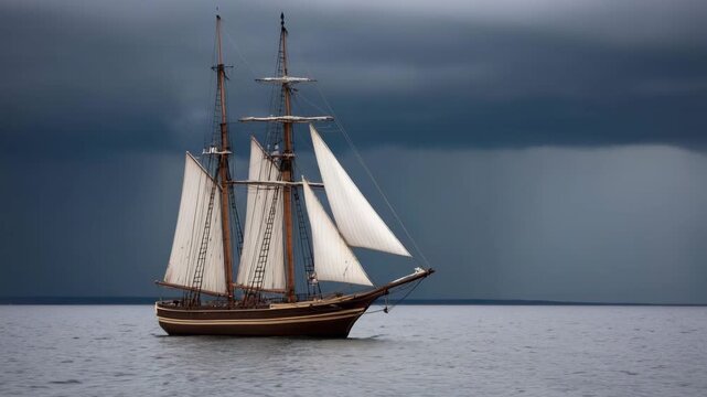 Ship in storm with lightning strikes