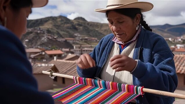 Traditional Weaving Techniques Demonstrated by a Mature Female Hispanic Artisan in Peru
