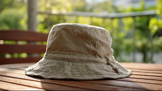 Bucket hat resting on wooden table enjoying summer sun