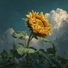 Dramatic Artistic Sunflower Against Moody Cloudy Sky Landscape &ndash; Generative AI