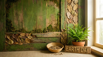 Rustic wooden background with moss and leaves for Earth Day nature green