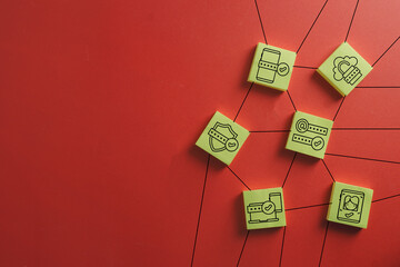 Critical ransomware attack and phishing scam alert. Yellow sticky notes diagram on red. Concept of hacking emergency, identity theft risk, and digital crisis management.