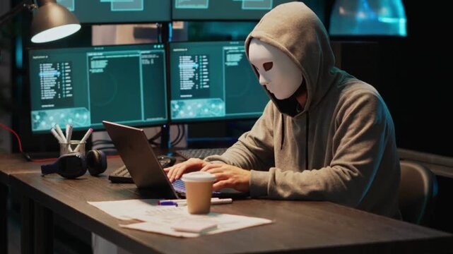 Masked Hacker Launching a Cyber Attack on Secure Servers
