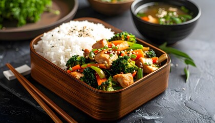 Delicious Japanese Bento Box with Chicken, Rice, Vegetables, and Soup