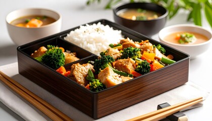 Delicious Japanese Bento Box with Chicken, Rice, Vegetables, and Soup