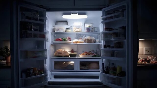 Open refrigerator shows food and drinks at night