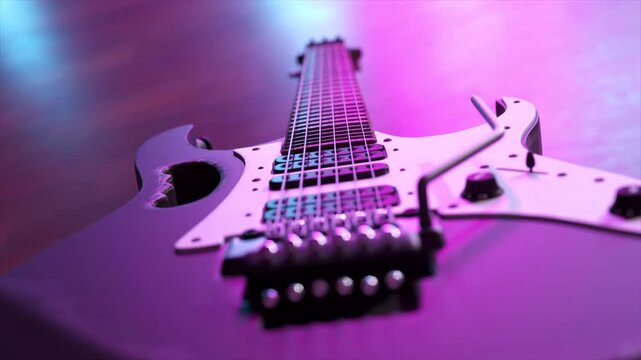 Close-up view of a modern electric guitar with six strings, pickups, and a tremolo bridge, illuminated by vibrant pink and blue neon lights, creating a musical and artistic rock concert mood