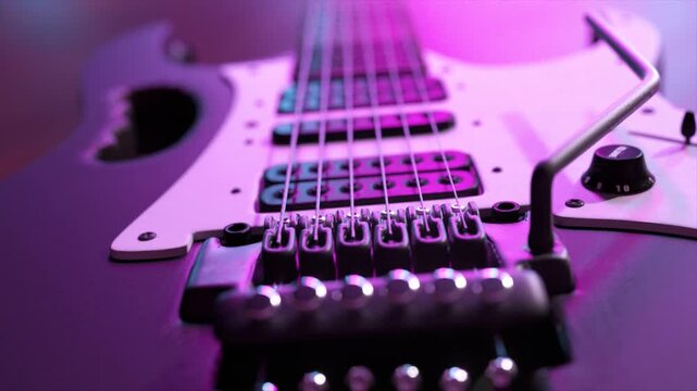 Close-up view of a modern electric guitar body, with its pickups and strings beautifully illuminated by vibrant purple and blue neon lights, creating a cool and stylish musical atmosphere
