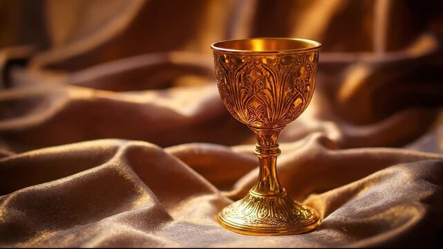 Ornate golden chalice resting on luxurious draped silk