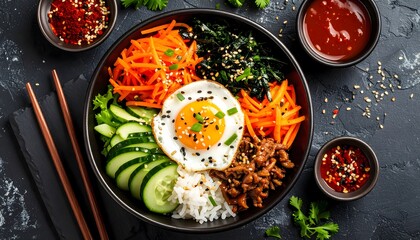 Delicious Korean Bibimbap Bowl with Fried Egg, Carrots, and Cucumber, Close Up