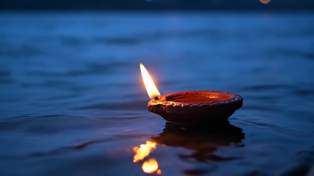 Close-up of a traditional oil lamp floating on water during a religious festival  with blurred background of blue water and gentle ripples