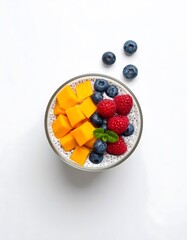 Delicious Mango Chia Seed Pudding with Raspberries and Blueberries