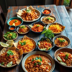 Fototapeta premium Wooden table laden with colorful Mexican dishes, vibrant and inviting , flavorful, food photography