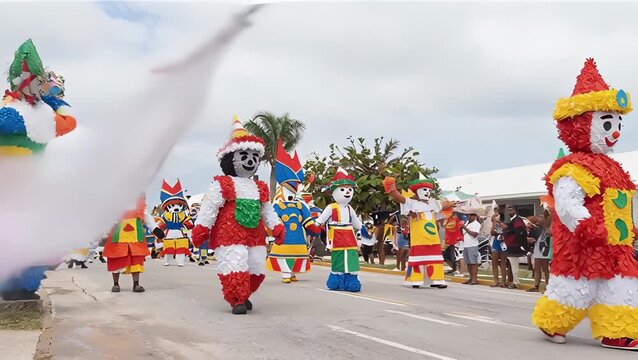 Colorful Festival Parade with Traditional Costumes and Masks