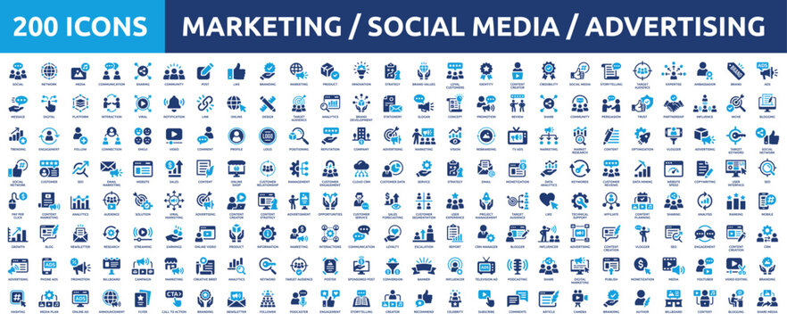 Huge set of 200 solid icons. Mega collection concept of marketing, social media, advertising and business strategy. Vector illustration.