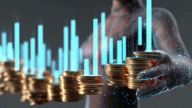 Digital Financial Flow: A compelling visual concept depicting a person's interaction with the flow of digital finance, where stacks of coins are interconnected by bright data streams.