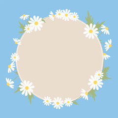 Round frame with floral ornament. Wreath of laurel, chamomile, or daisies. Spring illustration. Vector.