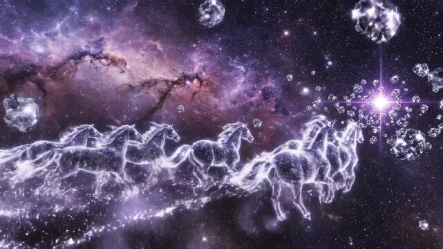 Ethereal Neon Horses Galloping Through a Starry Cosmic Universe with Nebulae and Interstellar Clouds