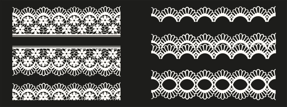 Set white retro Lace Dividers isolated black. Hand drawn vintage scallop trim collection. Coquette retro Frame for card border. EPS 10