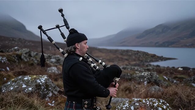 Male Musician Playing Bagpipes in a Scottish Landscape at Dusk