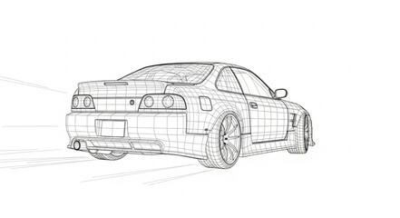 Sketch of a sports car from the rear.