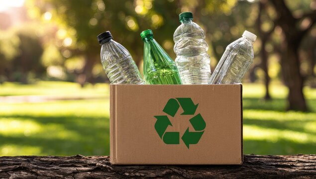 A collection of plastic bottles sit inside a cardboard recycling box, outdoors with trees in the background