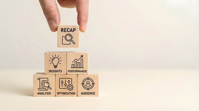 Business strategy recap concept with wooden blocks