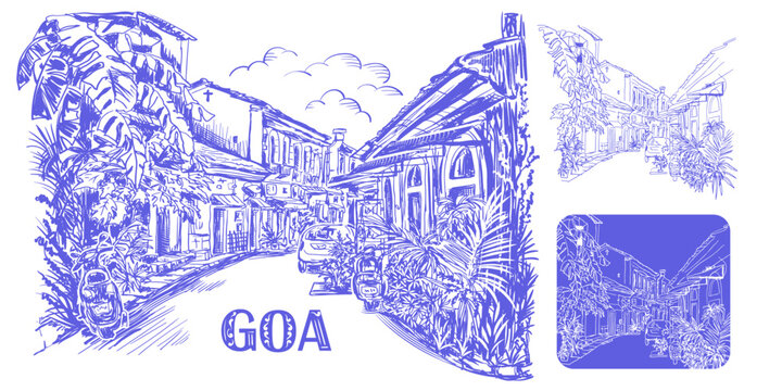 Detailed vector line-art of a narrow Goa street in Panaji, showing colonial facades, tropical plants, scooters, cars. Scalable editable artwork ideal for travel posters, postcards, backgrounds, prints